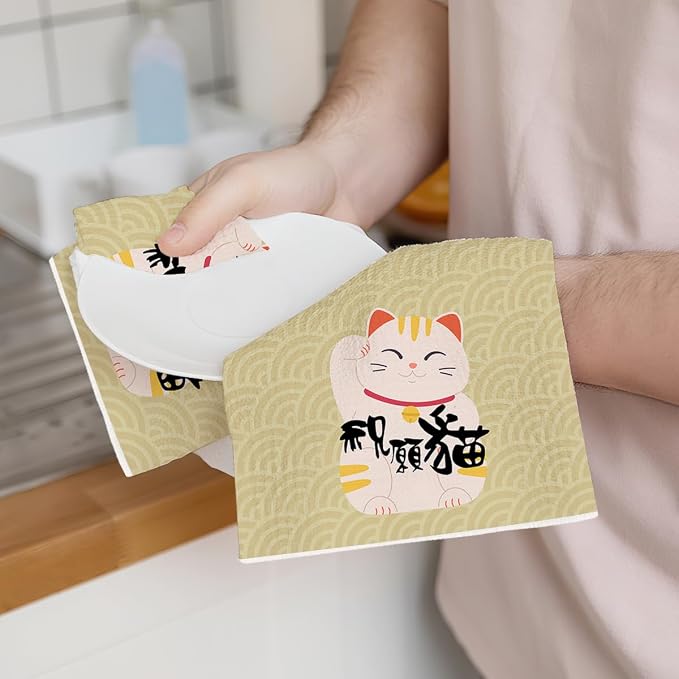 2PCS Cute Lucky Cat Kitchen Towels, Waving Cat Themed Gifts Waffle Weave Dish - Image 3