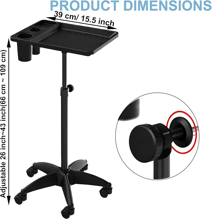 Salon Rolling Tray, Height Adjustable Tattoo Tray Rolling Cart, Storage Utility - Image 2