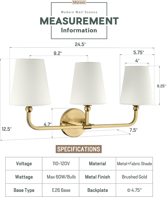 Bathroom Light Fixtures, Brushed Gold Vanity Lights - Image 3