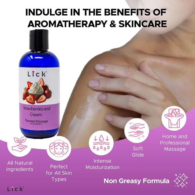 Lick Strawberries and Cream Flavored Massage Oil – 8 oz Edible Body Oil - Image 4