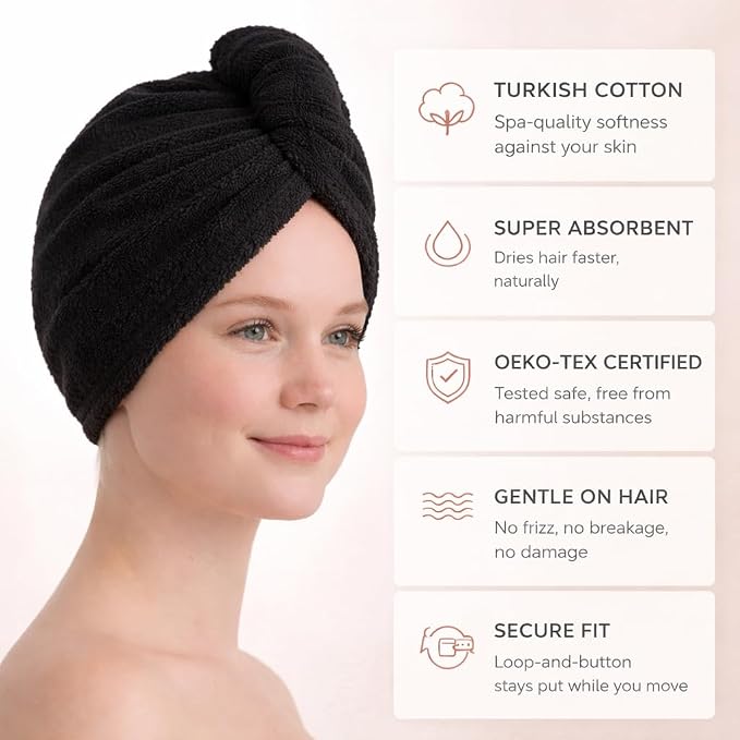 100% Turkish Cotton Hair Towel Wrap 2 Pack – Oeko-TEX Certified Quick Dry Turban - Image 3