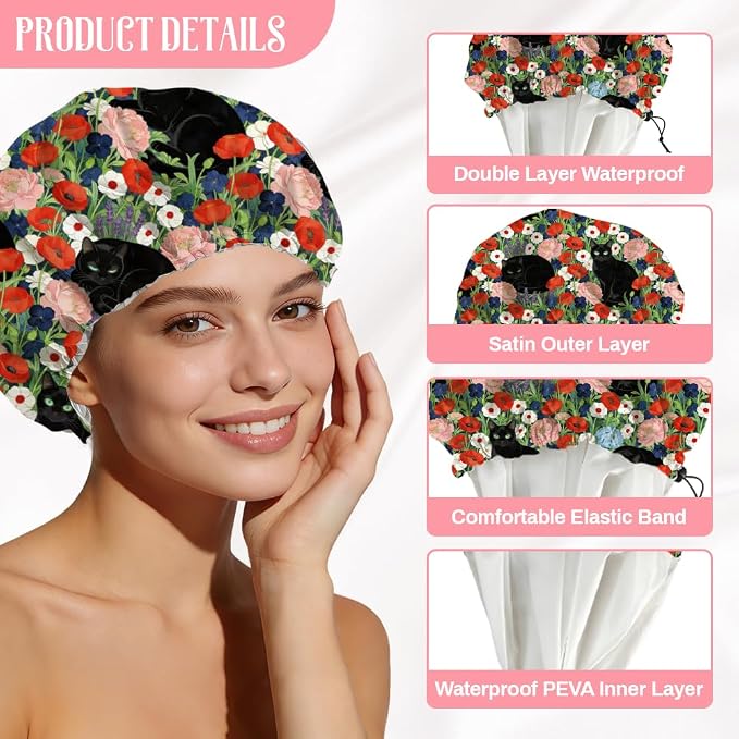 Black Cat Reusable Shower Cap Flower Double Layer Waterproof Shower Caps Large - Image 3