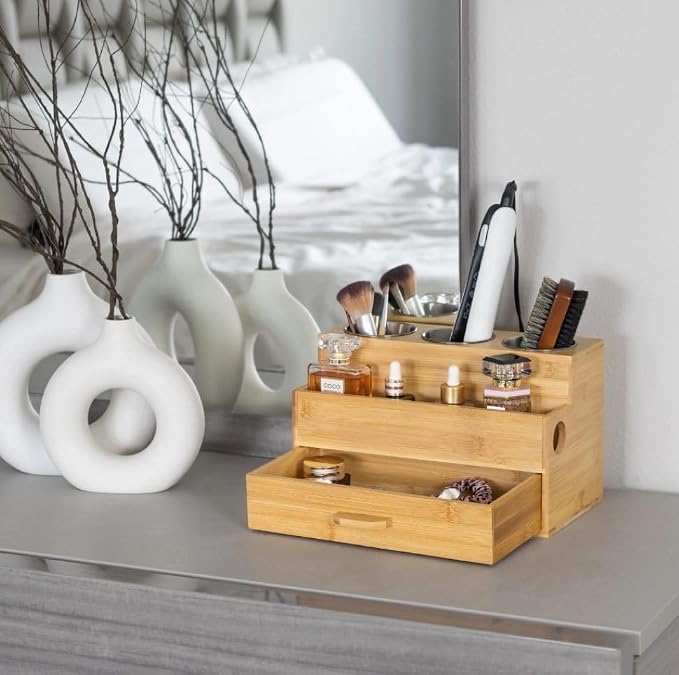 Harzen Brothers Hair Tool Organizer- Bamboo, Blow Dryer Holder, Bathroom - Image 4