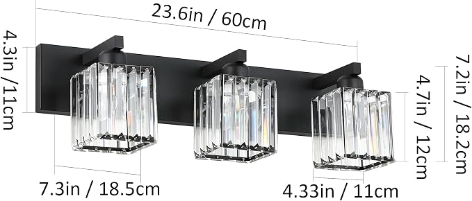 Aipsun Black Vanity Light Bathroom Lighting Fixtures 3 Light Crystal Modern - Image 6