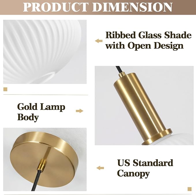 KCO Lighting Large Milk Glass Pendant Lighting Kitchen Island Brushed Brass - Image 3