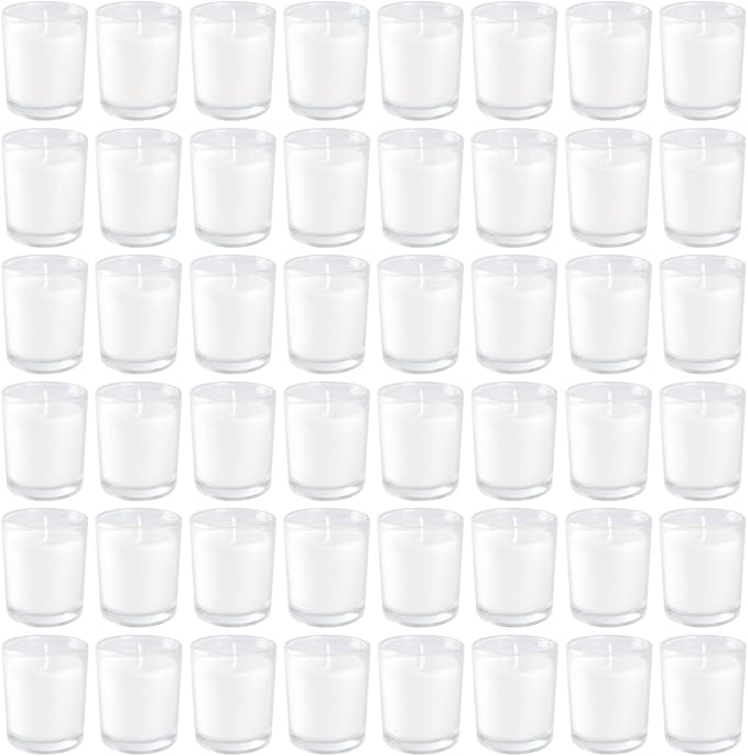 YOROXRG 48 Pack White Unscented Clear Glass Filled Votive Candles. Hand Poured - Image 9