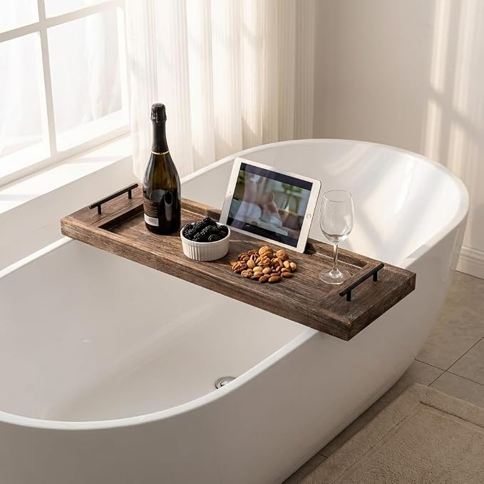 Hanobe Bathtub Tray Bath Caddy: Wood Tub Trays Table Extra Large Rustic Bathtub - Image 4