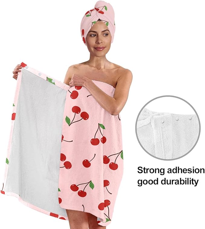 Women's Cherry Print Towel Wrap and Hair Drying Cap Set – Cute Pink Microfiber - Image 4