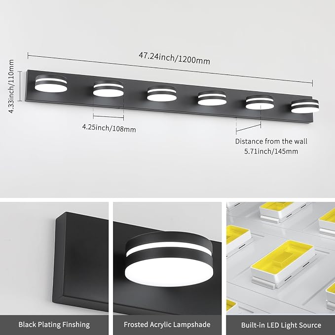 6-Light Bathroom Vanity Light Over Mirror, Matte Black LED Vanity Lighting - Image 4