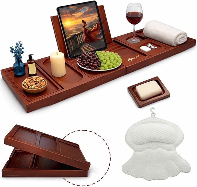 Bathtub Tray and Bath Pillows for Tub – Expandable Bamboo Bathtub Caddy by Rynex