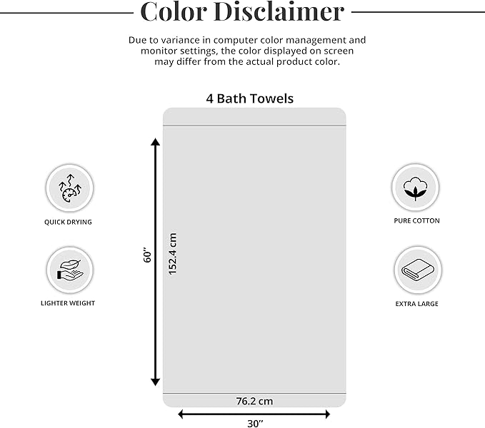 Tens Towels Pack of 4 Extra Large Bath Towels 30 x 60 Inches, 100% Cotton - Image 6