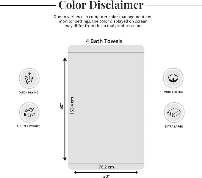 Tens Towels Pack of 4 Extra Large Bath Towels 30 x 60 Inches, 100% Cotton - Image 6