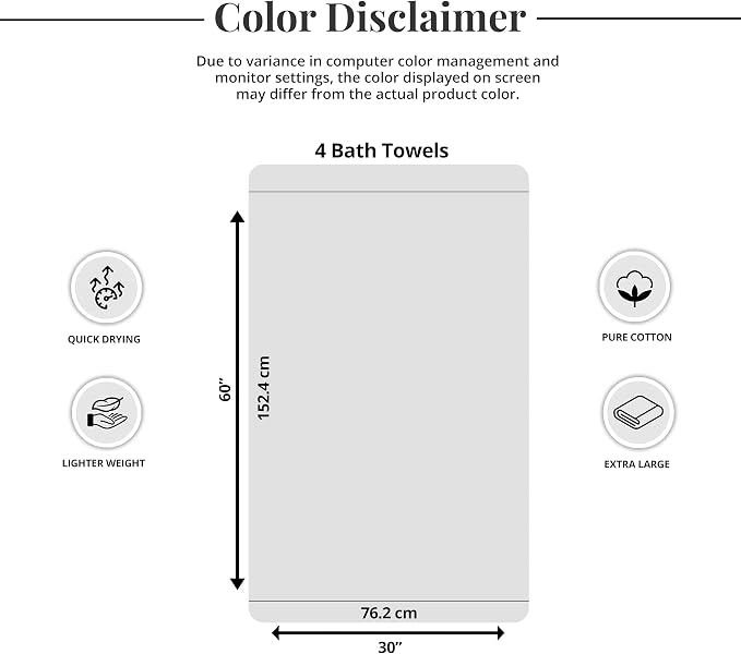 Tens Towels Pack of 4 Extra Large Bath Towels 30 x 60 Inches, 100% Cotton - Image 6