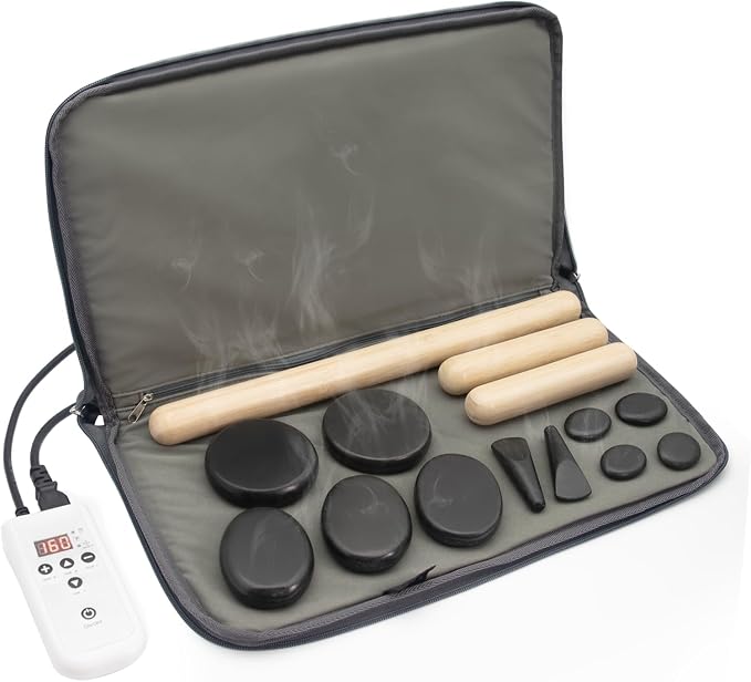 Massage Stones Set with Warmer Kit Hot Rocks Bamboo by Goodtar