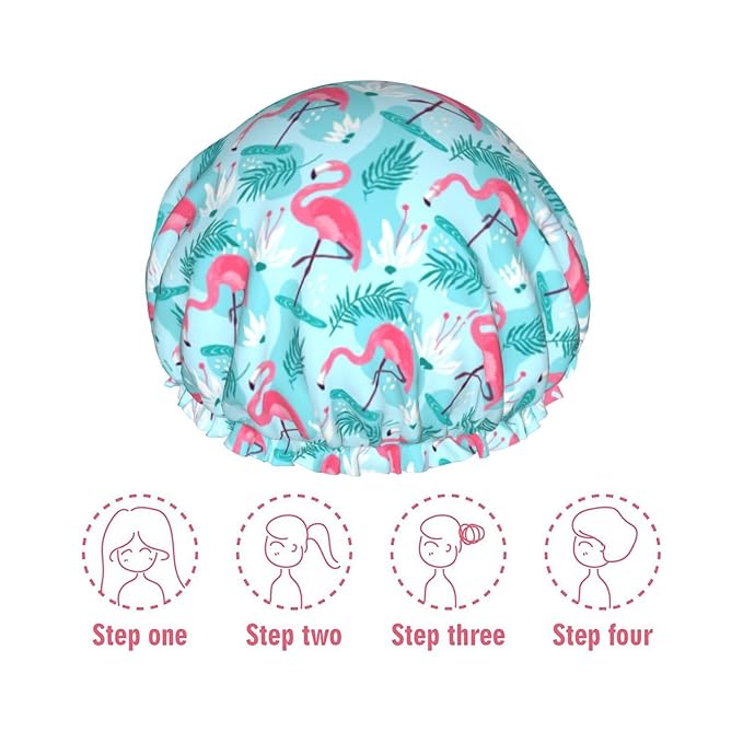 Pink Flamingos Shower Cap For Women Reusable Waterproof Double Layers Bath Cap - Image 6