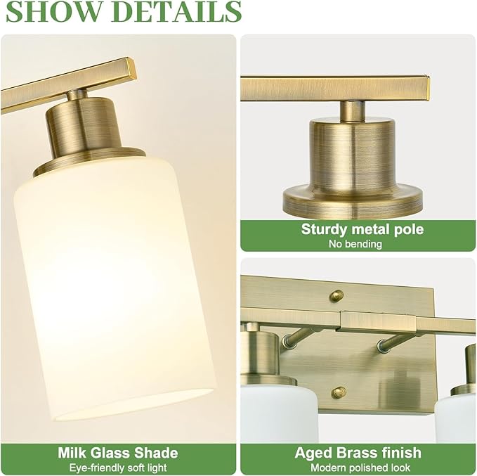 MOKATNG 3-Light Bathroom Light Fixtures, Aged Brass Vanity Light - Image 3