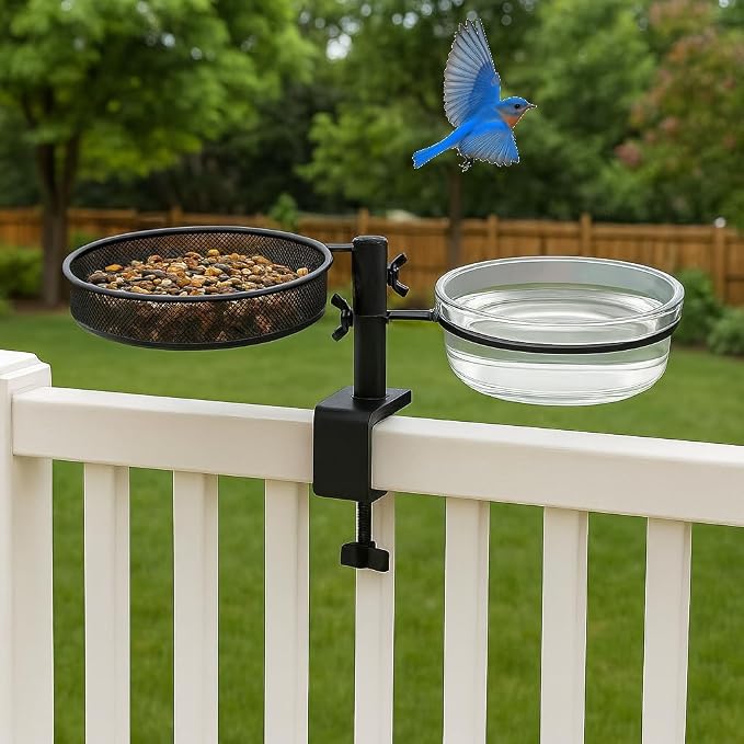 Deck Bird Feeder and Bath with Metal Mesh Tray and Water Bowl – Deck Railing - Image 3