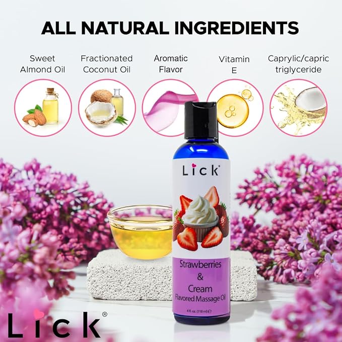 Lick Strawberries and Cream Flavored Massage Oil – Romantic, Body Safe - Image 5