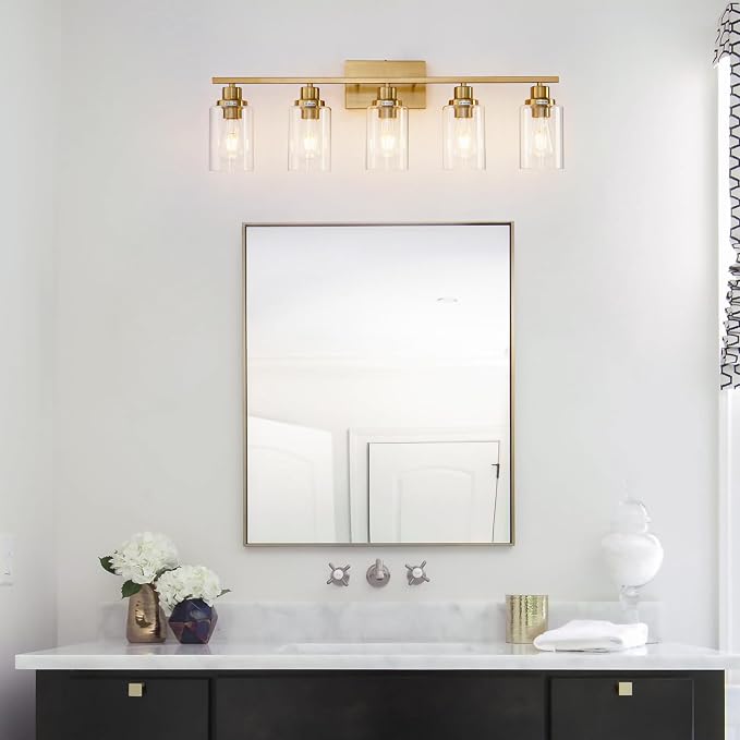 5 Light Gold Bathroom Light Fixtures Brushed Brass Vanity Light Over Mirror - Image 2