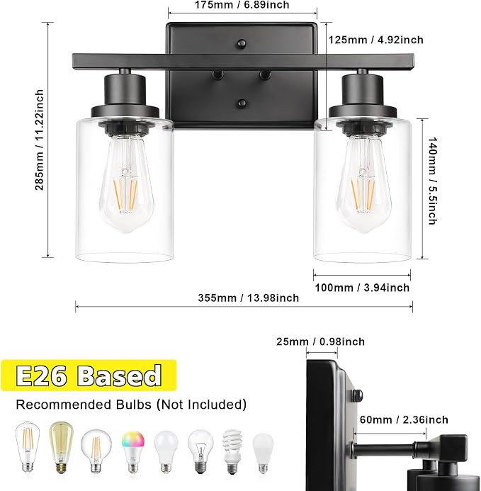 Ascher 2-Light Wall Sconces, Modern Vanity Light Fixture Black Finish, Wall - Image 7