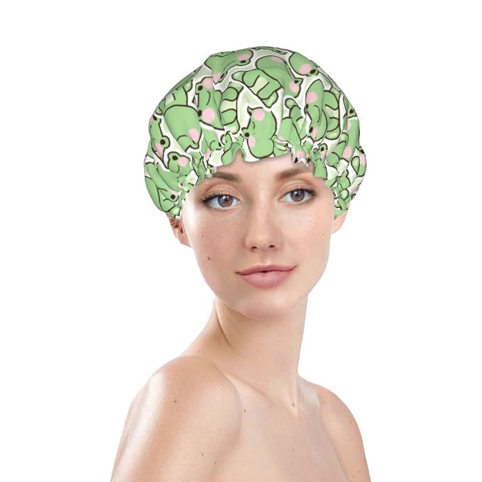 Cute Frogs Shower Cap For Women Reusable Waterproof Double Layers Bath Cap Hair - Image 2