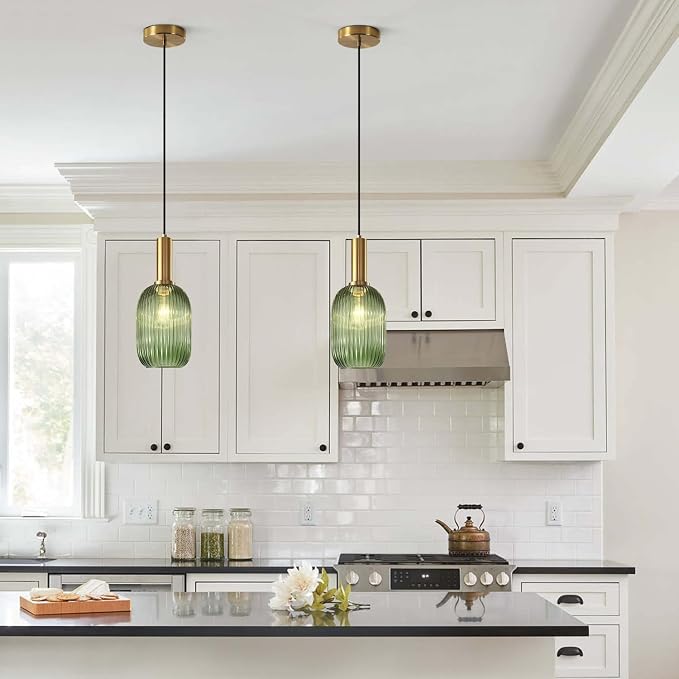 KCO Lighting Green Ribbed Glass Pendant Light Kitchen Island Small Antique - Image 6