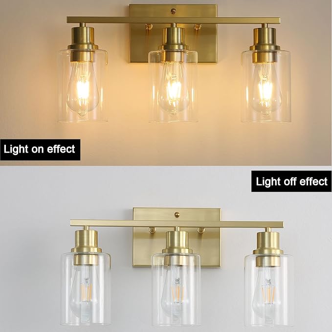 3-Lights Gold Bathroom Light Fixture, Brushed Brass Vanity Light - Image 3