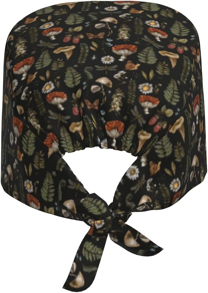 Scrub Cap for Women and Men Boho Black Leaf Pattern Adjustable Breathable - Image 8