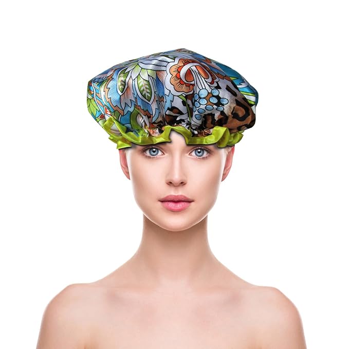 Shower Cap for Women Reusable Waterproof Shower Hat Adjustable Double Layer - Image 5