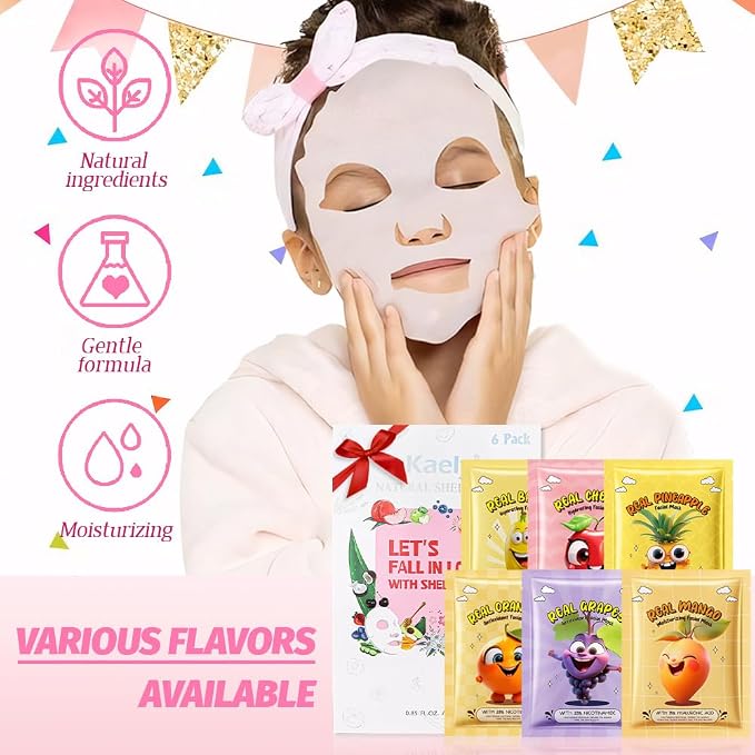 Kaely 6 Pack Fruit Face Masks for Kids, Kids Face Mask Spa Day Kit Supplies - Image 5