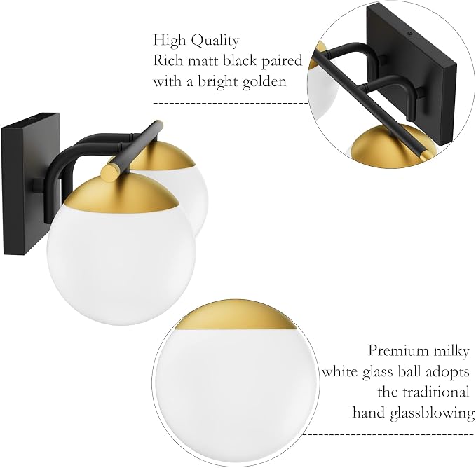 Ralbay Black and Gold Bathroom Vanity Light 2-Light Mid Century Modern Vanity - Image 6