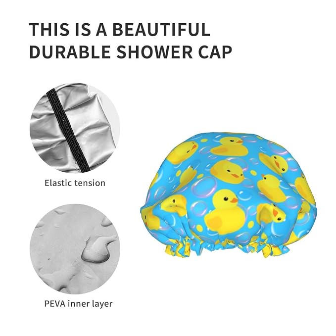 Yellow Rubber Ducks Shower Cap For Women Adjustable Double Waterproof Layers - Image 5