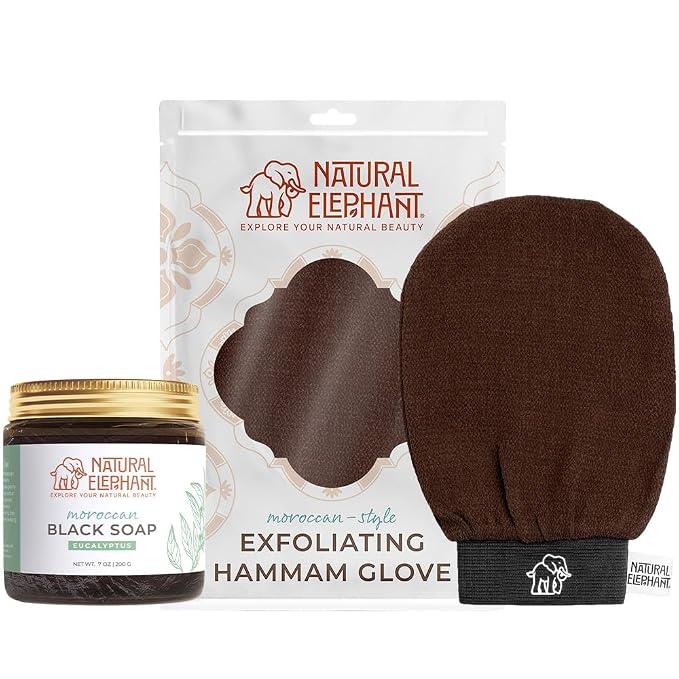 Natural Elephant Moroccan Black Soap 200g and Exfoliating Hammam Glove Combo by NaturalElephant