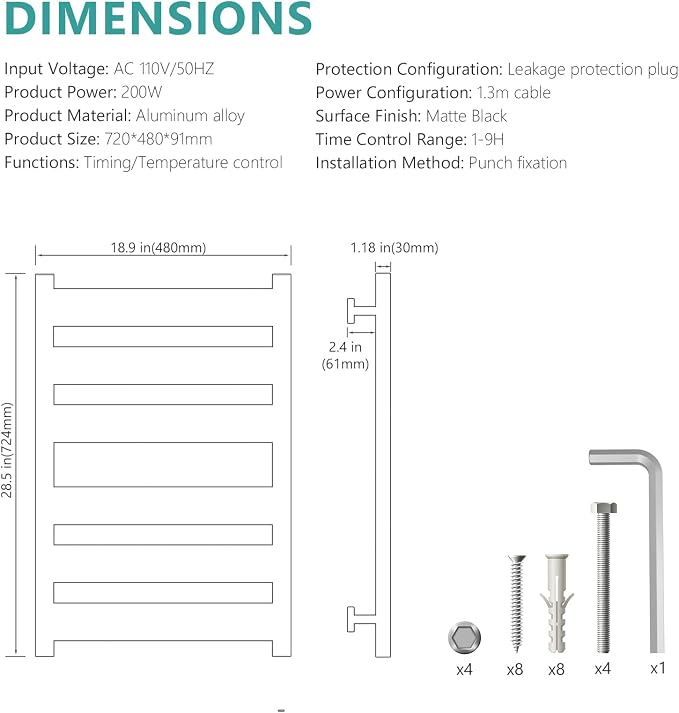 Towel Warmer Rack 6 Bars Towel Warmer Wall Mounted - Image 7