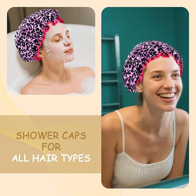 Womens Pink Leopard Print Shower Caps - Image 3