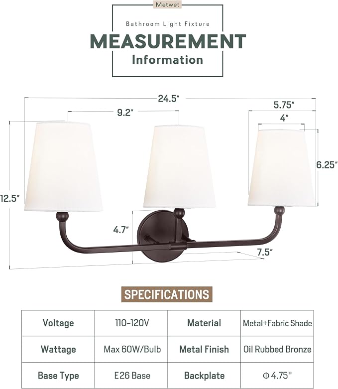 Bathroom Light Fixtures, 3-Light Oil Rubbed Bronze Vanity Lights - Image 2