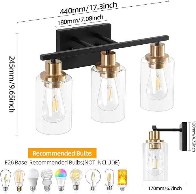 Bathroom Light Fixture Black Gold Vanity Lights Over Mirror, 3 Light Wall - Image 7