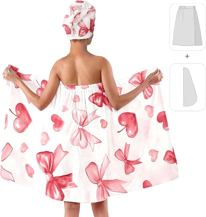 Valentine Heart Bow Bath Wrap and Hair Drying Turban Set – Soft Microfiber - Image 2