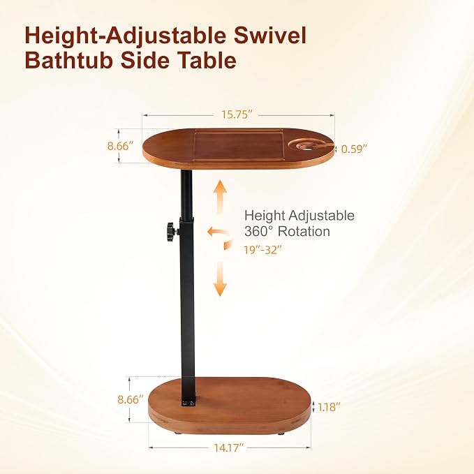 Bamboo Bathtub Side Table, 360° Swivel Height Adjustable Freestanding Bath - Image 2