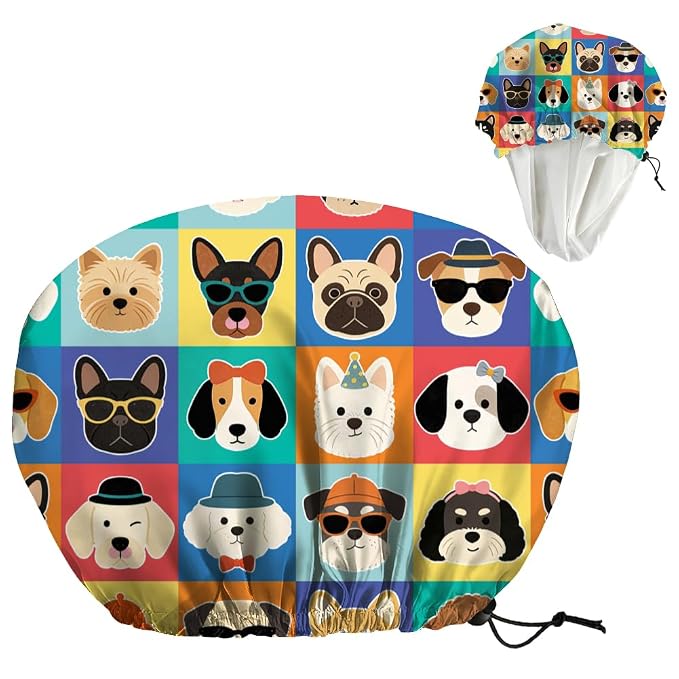 Funny Dog Reusable Shower Cap Cute Double Layer Waterproof Shower Caps Large by DELORIGIN