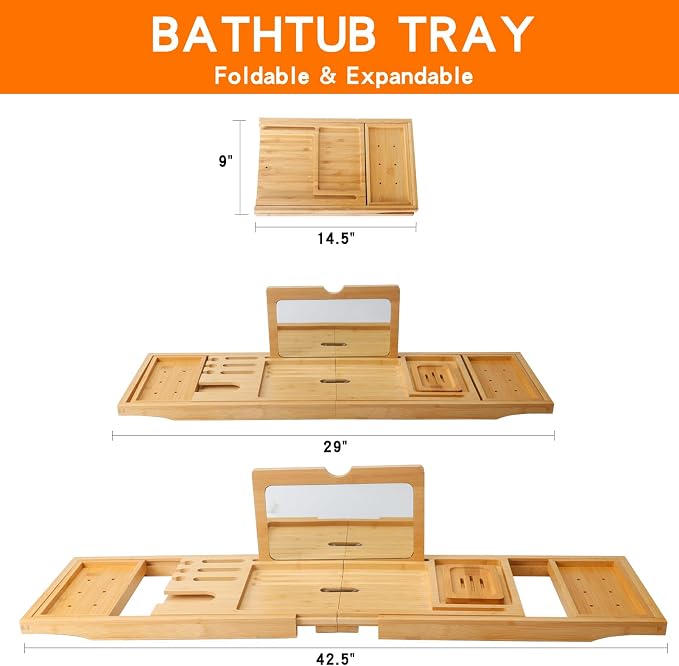 Bathtub Tray Table with Mirror and Bath Pillow, Expandable and Foldable Bamboo - Image 4