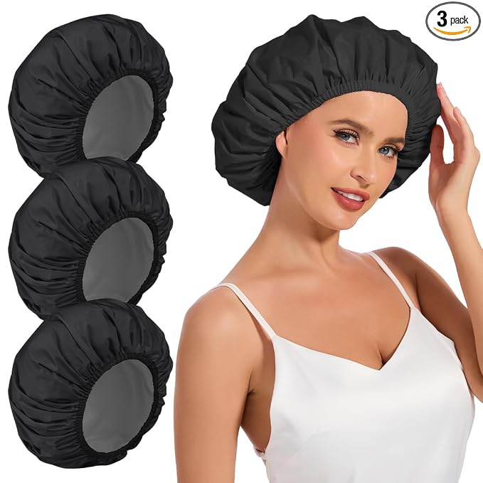 3 Pack Reusable Shower Cap for Women, Waterproof Hair Cap for Shower and Bath by KAFTERI