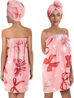 Pink Bow Bath Wrap and Hair Drying Cap Set – Soft Quick Dry Shower Skirt by QIULIBMH