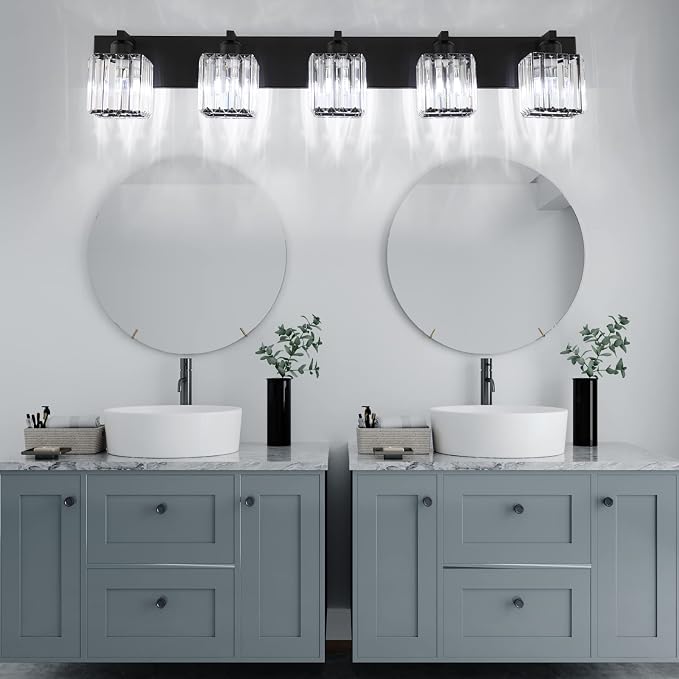 Aipsun Bathroom Vanity Light Black Light Fixtures 5 Light Crystal Vanity Light - Image 4