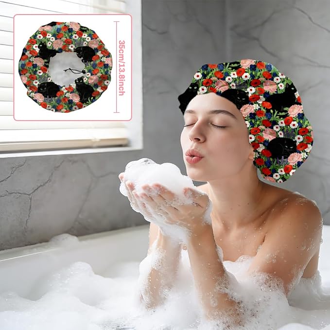 Black Cat Reusable Shower Cap Flower Double Layer Waterproof Shower Caps Large - Image 5
