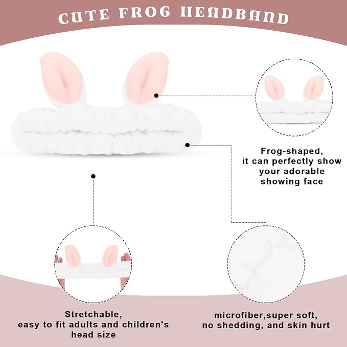 Cute White Rabbit Ears Headband Frog Eye Elastic to Wash Face - Image 3