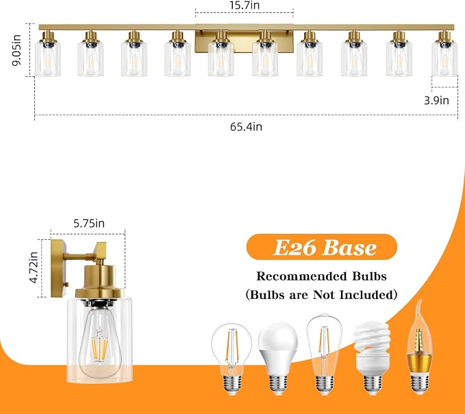 Gold Bathroom Vanity Light, 10-Light Brushed Gold Bathroom Light Fixtures - Image 3