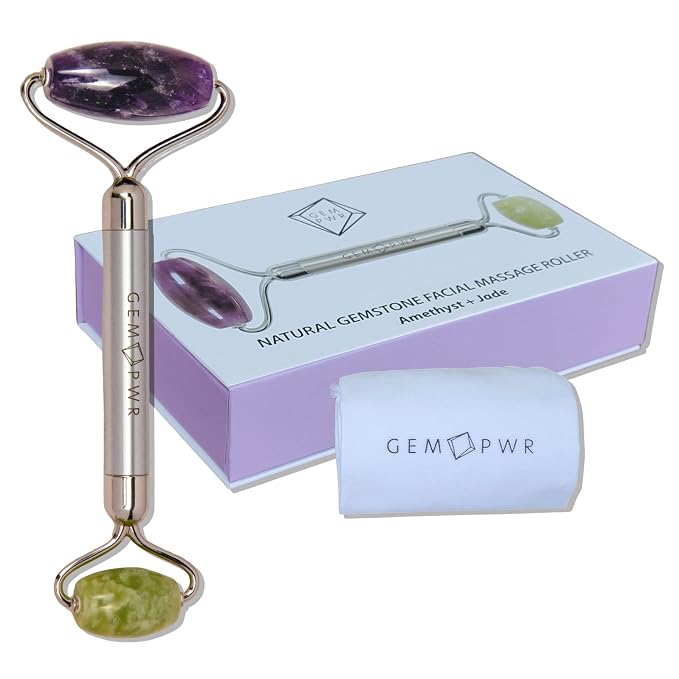 Amethyst + Jade Roller for Face and Neck Massage, Dual Gemstones by GEMPWR