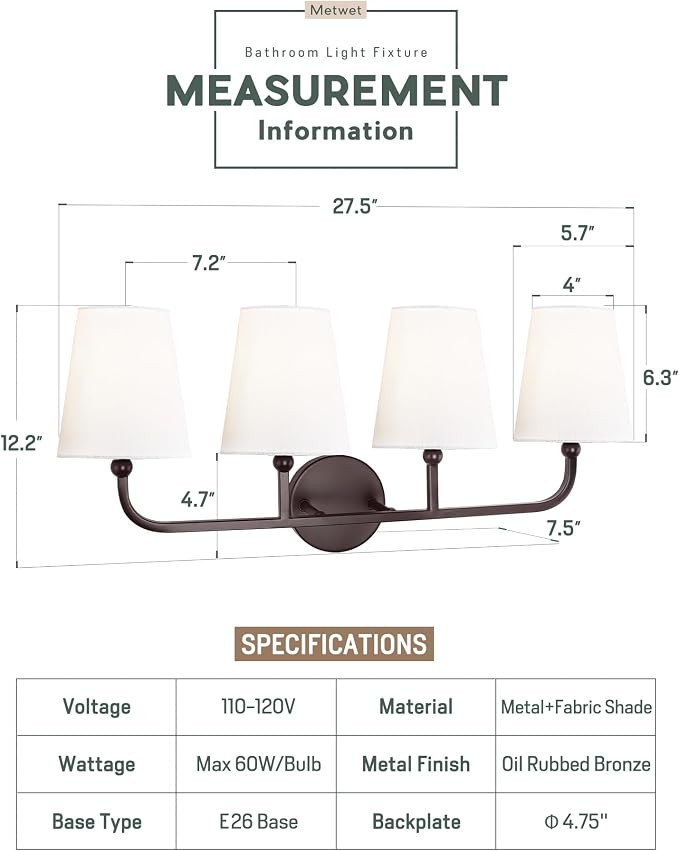 Bathroom Light Fixtures, 4 Light Oil Rubbed Bronze Vanity Lights - Image 2