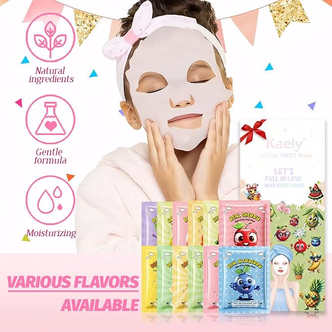 Kaely 12 Pack Fruit Face Masks for Kids, Kids Face Mask Spa Day Kit Supplies - Image 6